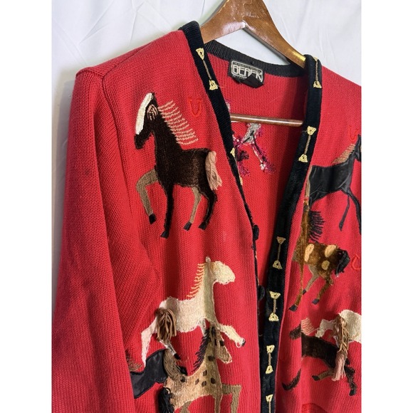 VTG Berek By Takako Sakon Red Equestrian Long Sleeve Horse Cardigan FLAWS Sz L - Picture 2 of 16
